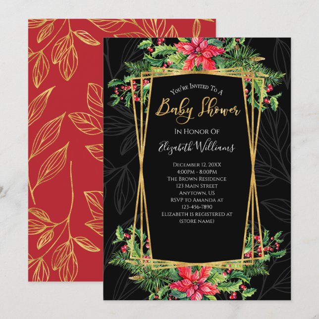 Elegant Floral Gold Black Christmas Baby Shower Invitation (Front/Back)