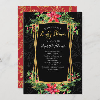 Elegant Floral Gold Black Christmas Baby Shower Invitation