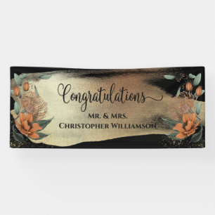 Elegant Floral Gold Black Congratulations Wedding Banner