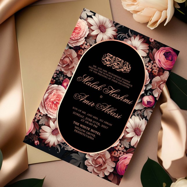Elegant Floral Gold Black Islamic Muslim Wedding  Invitation (Creator Uploaded)