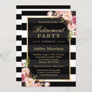 Elegant Floral Gold Black Stripes Retirement Party Invitation