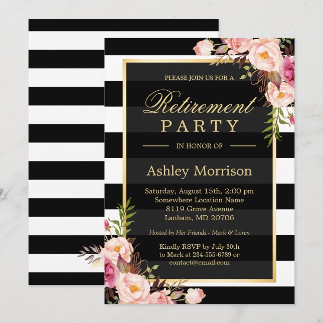 Elegant Floral Gold Black Stripes Retirement Party Invitation (Front/Back)