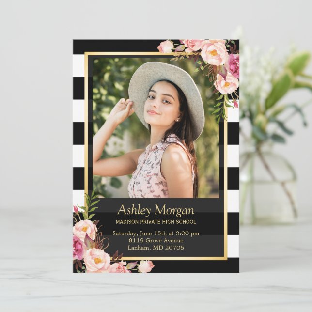 Elegant Floral Gold Black White Stripes Graduation Announcement (Standing Front)