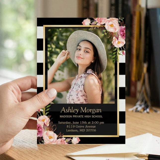Elegant Floral Gold Black White Stripes Graduation Announcement (Creator Uploaded)