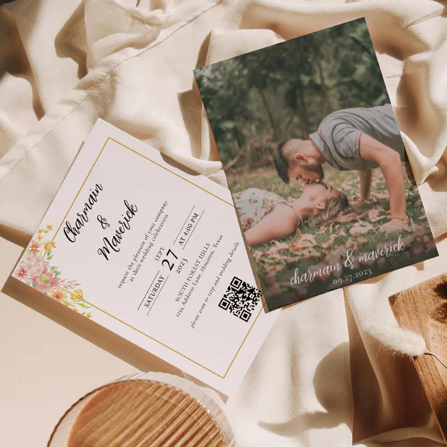 Elegant Floral Gold Border QR code Wedding Invitation | Zazzle