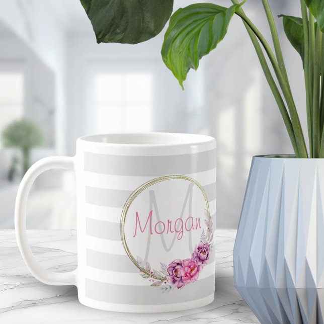 Elegant Floral Gold Border Stripes Monogram Coffee Mug (Elegant Floral Gold Border Stripes Monogram Coffee Mug)