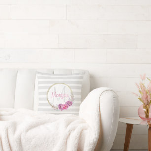 Elegant Floral Gold Border Stripes Monogram  Cushion
