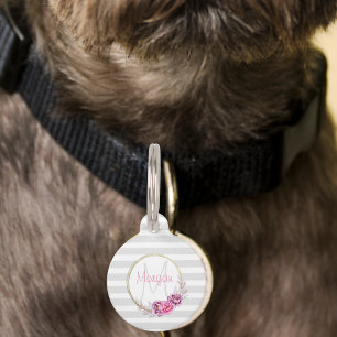 Elegant Floral Gold Border Stripes Monogram  Pet Tag