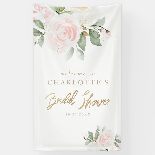 Elegant Floral Gold Bridal Shower Welcome Banner (Vertical)