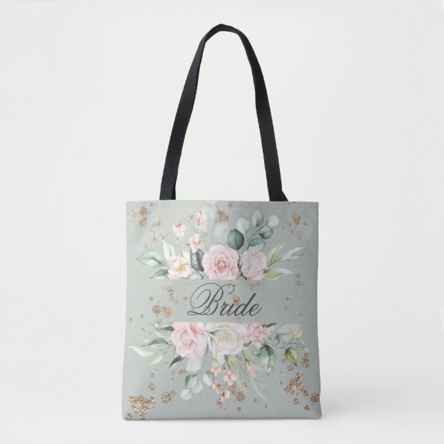 Elegant Floral Gold Bride Watercolor Sage Tote Bag (Front)