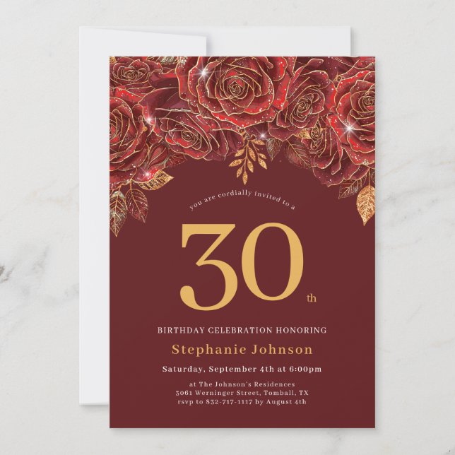 Elegant Floral Gold Burgundy 30th Birthday Invitation (Front)