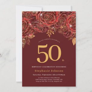 Elegant Floral Gold Burgundy 50th Birthday Invitation