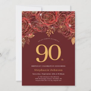Elegant Floral Gold Burgundy 90th Birthday Invitation