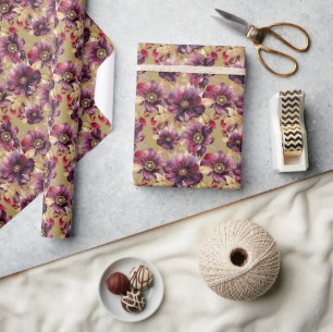 Elegant floral Gold Burgundy Purple Antique Gold Wrapping Paper