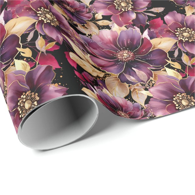 Elegant floral Gold Burgundy Purple Black Wrapping Paper (Roll Corner)