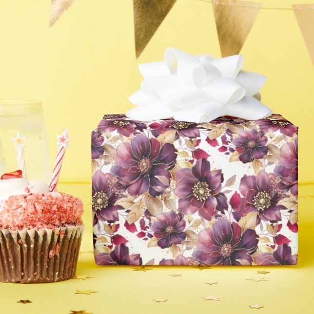 Elegant floral Gold Burgundy Purple White Wrapping Paper (Birthday Party)