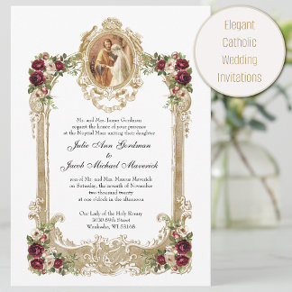 Elegant Floral & Gold Catholic Wedding Invitation