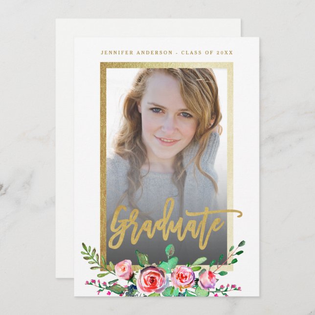 Elegant Floral Gold Chic Photo Graduation Party Invitation (Front/Back)