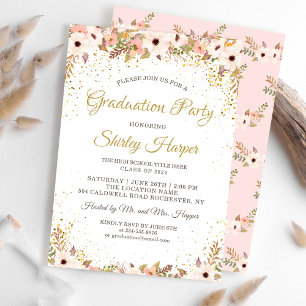 Elegant Floral Gold Confetti Pink Graduation Party Invitation