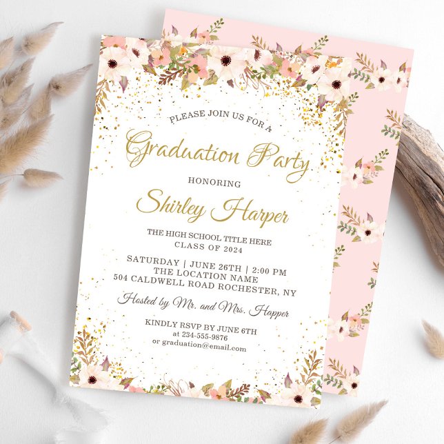 Elegant Floral Gold Confetti Pink Graduation Party Invitation (Creator Uploaded)