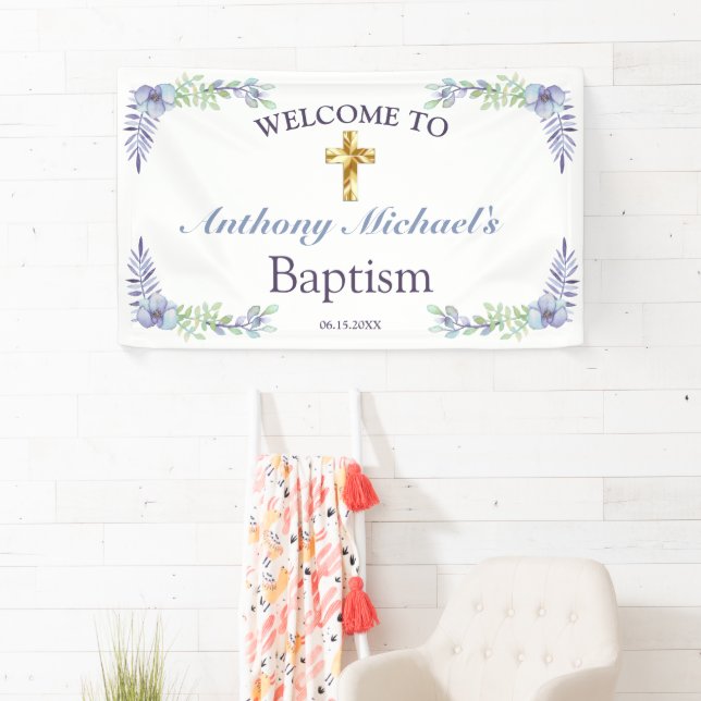 Elegant Floral Gold Cross Baby Baptism Welcome Banner (Insitu)