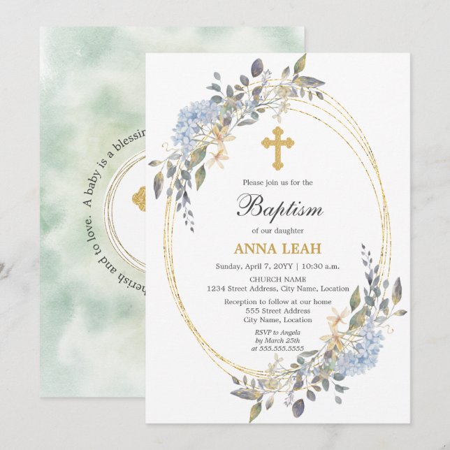 Elegant Floral Gold Cross Baptism Invitation (Front/Back)