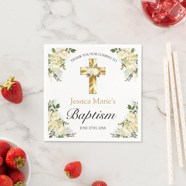 Elegant Floral Gold Cross Baptism Thank You Napkin (Insitu)