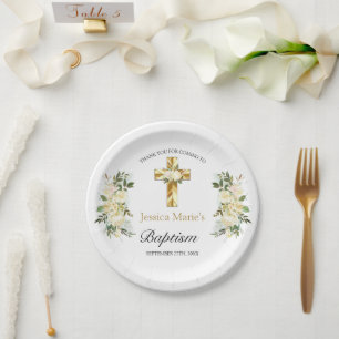 Elegant Floral Gold Cross Baptism Thank You Paper Plate