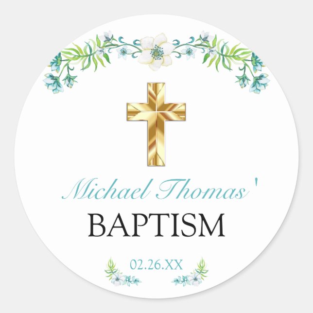Elegant Floral Gold Cross Boy Baptism Classic Round Sticker (Front)
