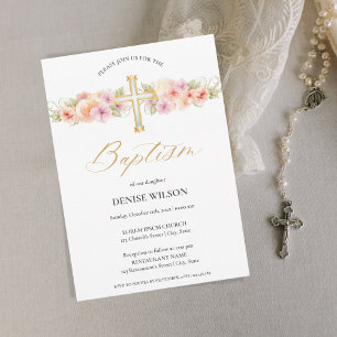 Elegant Floral Gold Cross Christening Baptism  Invitation