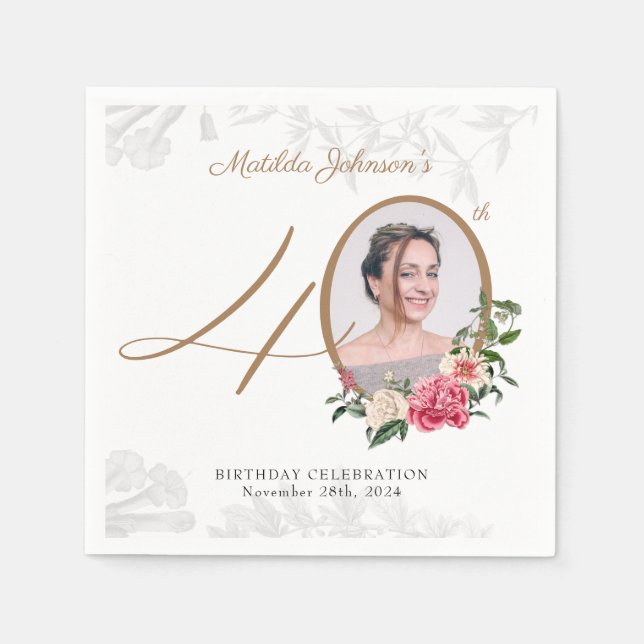Elegant Floral Gold Custom Photo 40th Birthday  Napkin (Front)
