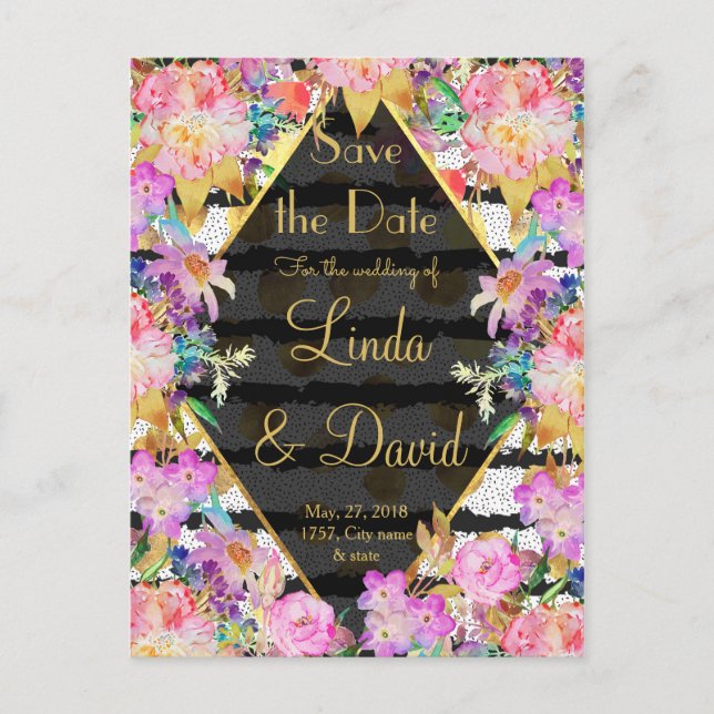Elegant floral gold dots, stripes wedding design announcement postcard (Front)