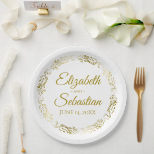 Elegant Floral Gold Filigree Simple Chic Wedding Paper Plate