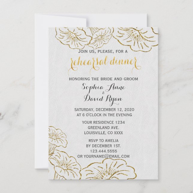 Elegant Floral Gold Foil Rehearsal Dinner Invite (Front)
