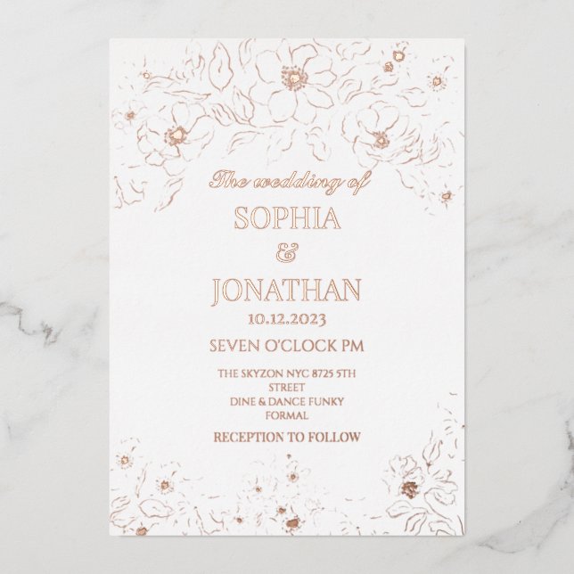 Elegant floral gold  foil wedding invitation (Front)