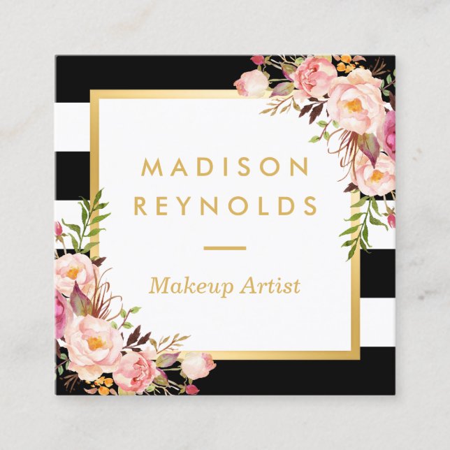 Elegant Floral Gold Frame Black White Stripes Square Business Card (Front)