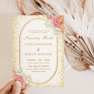 Elegant Floral Gold frame Glitter Nuestra Boda Invitation