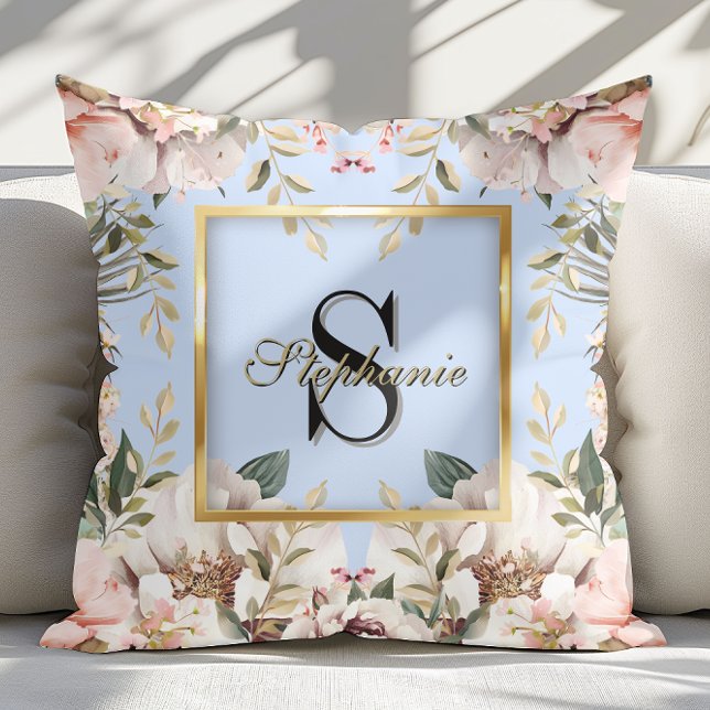 Elegant Floral gold Frame Monogram Light Blue    Cushion (Creator Uploaded)