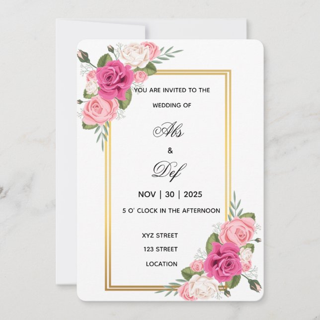 Elegant Floral Gold Frame Wedding Invitation  (Front)