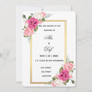 Elegant Floral Gold Frame Wedding Invitation 