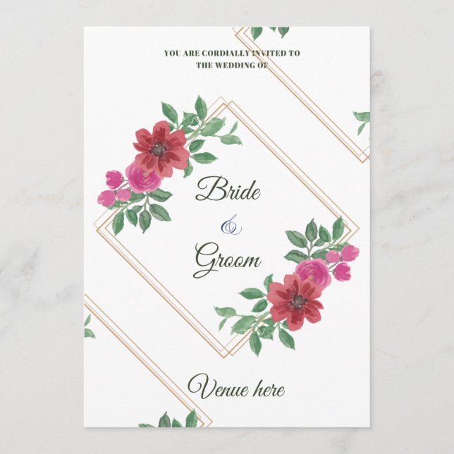 Elegant Floral & Gold Frame Wedding Invite (Front)