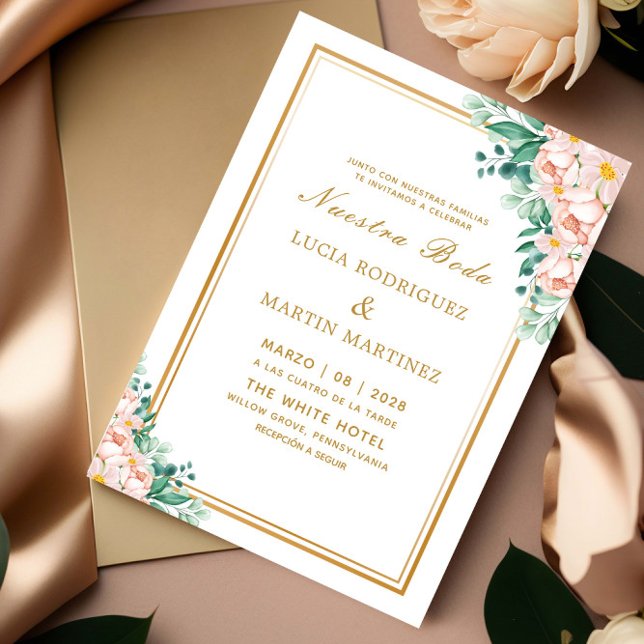 Elegant Floral Gold frame White Nuestra Boda Invitation (Creator Uploaded)
