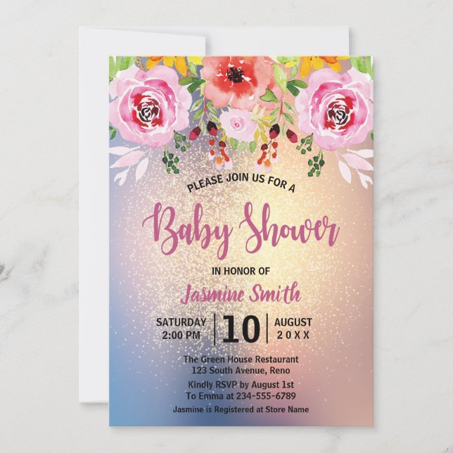 Elegant Floral Gold Glitter Baby Shower Invitation (Front)
