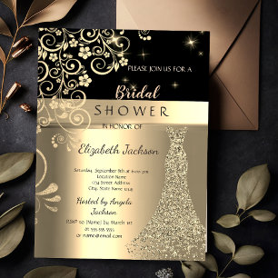 Elegant Floral Gold Glitter Dress Bridal Shower  Invitation