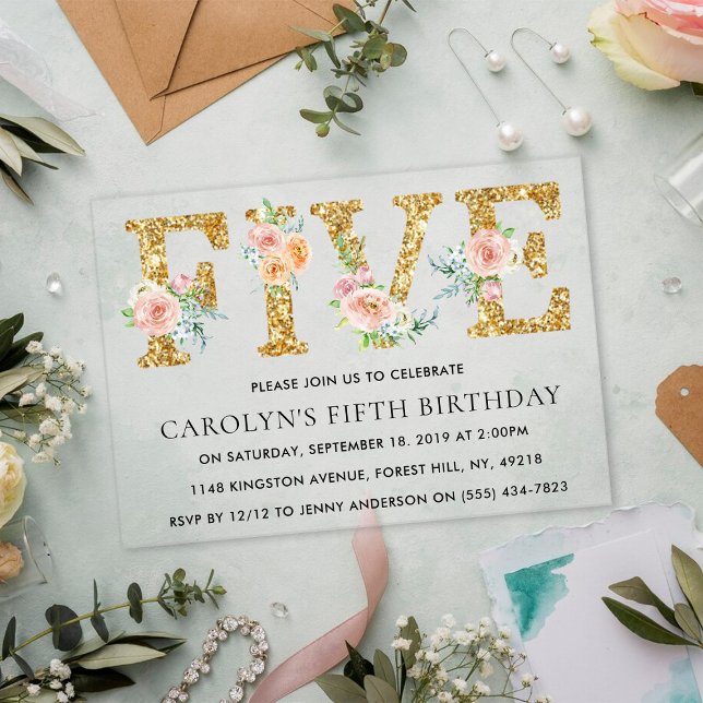 Elegant Floral Gold Glitter FIVE 5th Birthday Acrylic Invitations (Creator Uploaded)