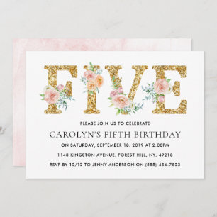 Elegant Floral Gold Glitter FIVE 5th Birthday Invitation