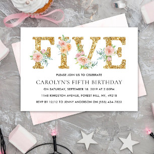 Elegant Floral Gold Glitter FIVE 5th Birthday Invitation