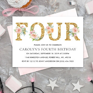 Elegant Floral Gold Glitter FOUR 4th Birthday Invitation