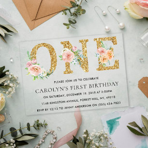 Elegant Floral Gold Glitter ONE 1st Birthday Acrylic Invitations