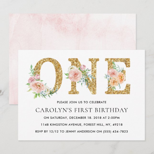 Elegant Floral Gold Glitter ONE 1st Birthday Invitation (Front/Back)